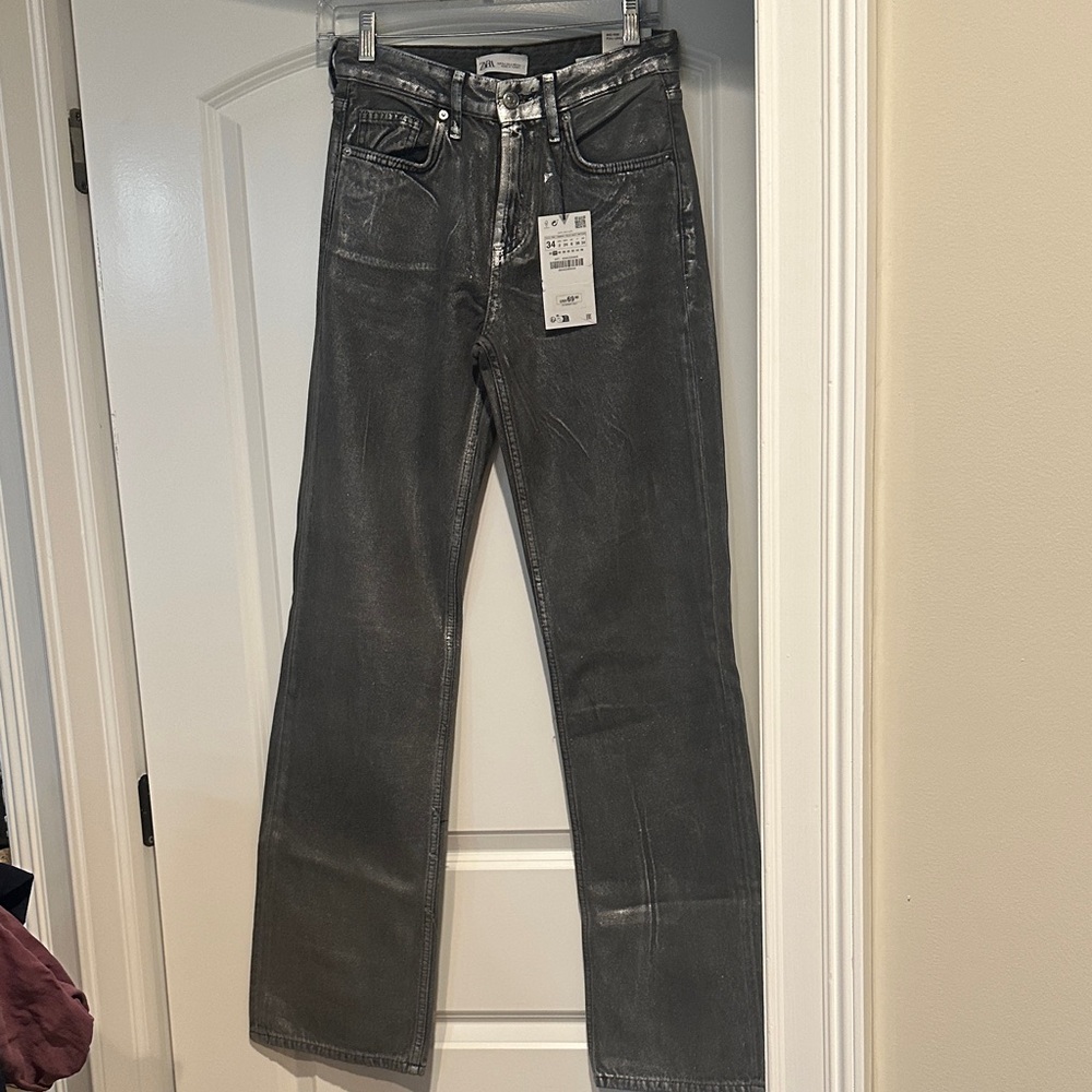 Zara Wide Legged Gray Waxed Sparkly Jeans NWT